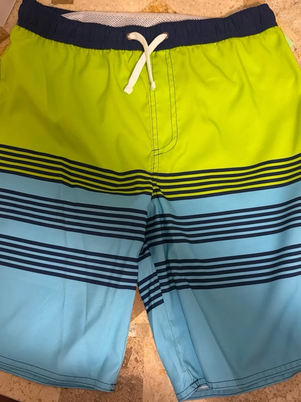 Kids Mesh Swim Shorts - Navy Waistband, Mint Lining (14/16)